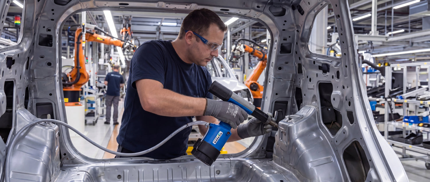 GESIPA - Worker assembling a vehicle interior in an automotive factory.